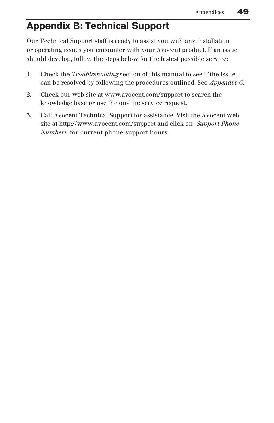 Appendix b: technical support | Avocent SwitchView User Manual | Page 55 / 60