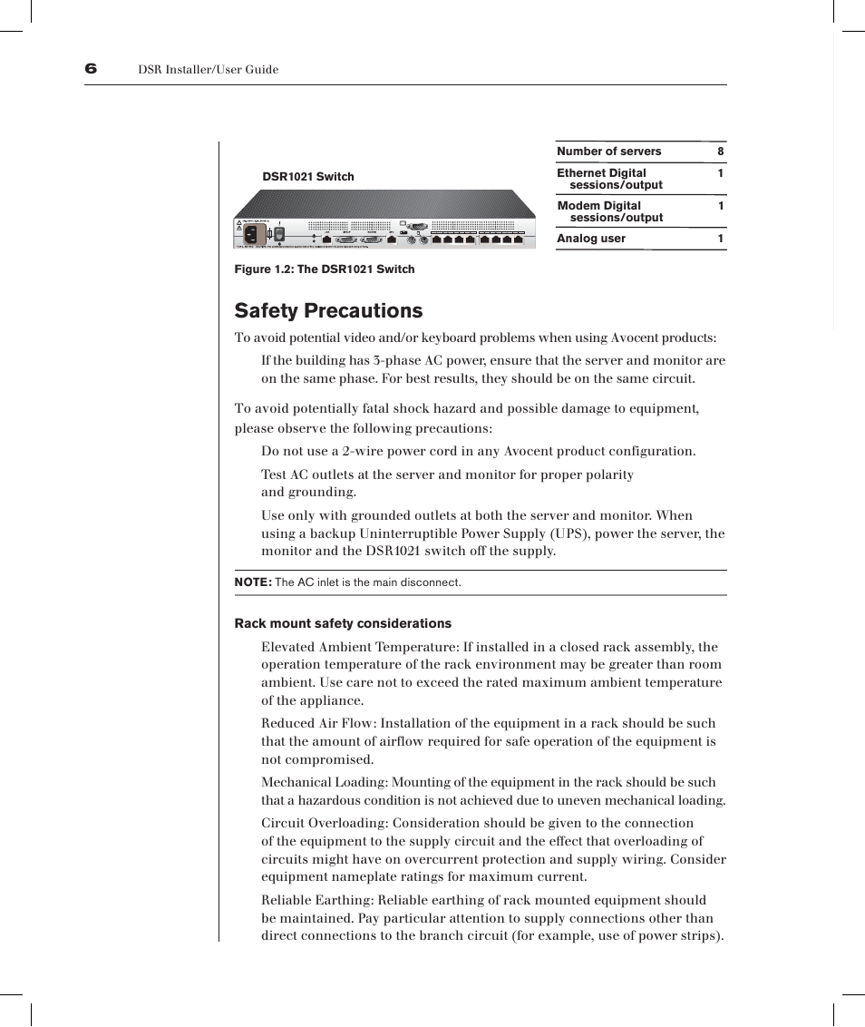 Safety precautions | Avocent DSRTM 1021 User Manual | Page 11 / 79