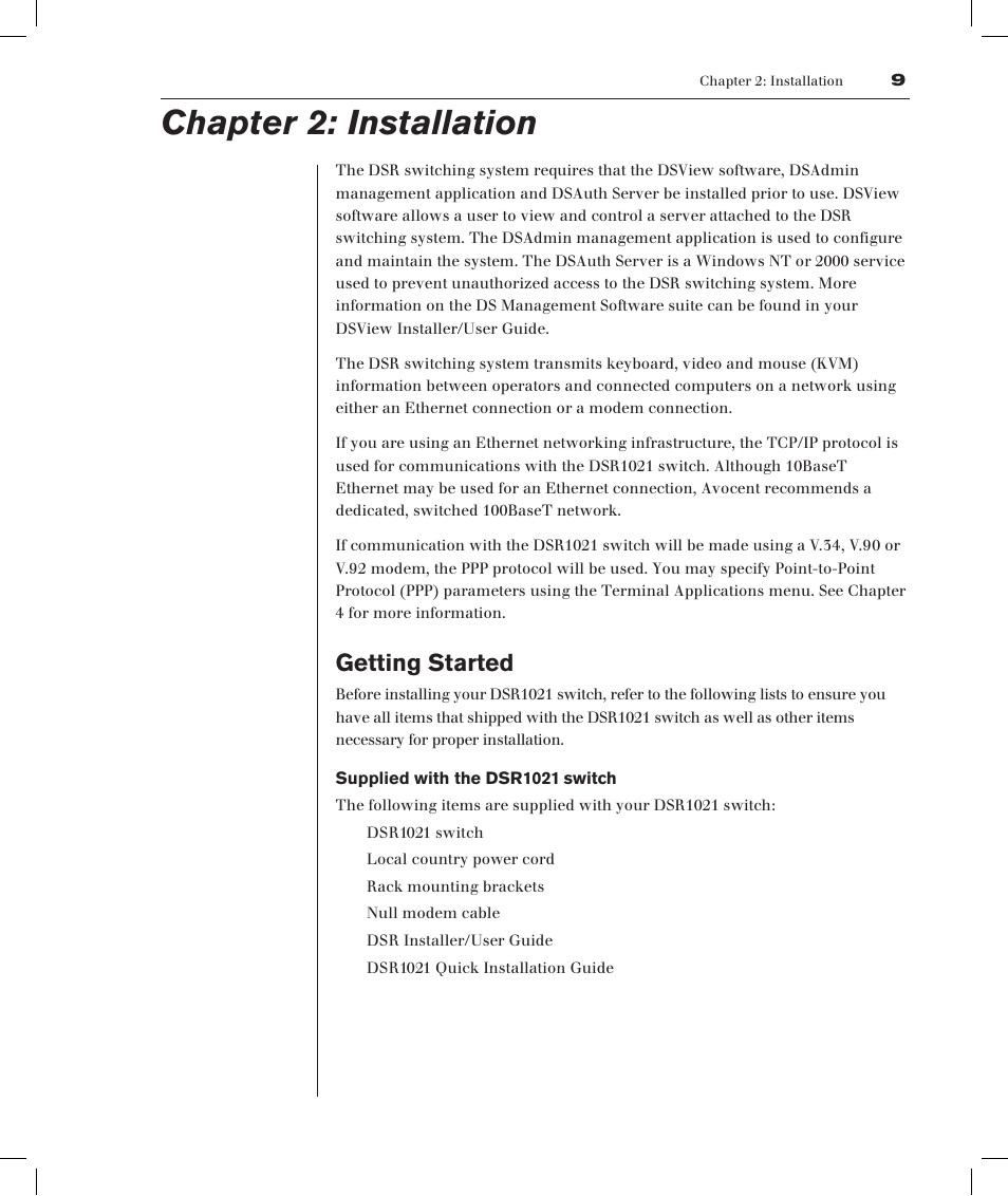 Chapter 2: installation, Getting started | Avocent DSRTM 1021 User Manual | Page 13 / 79