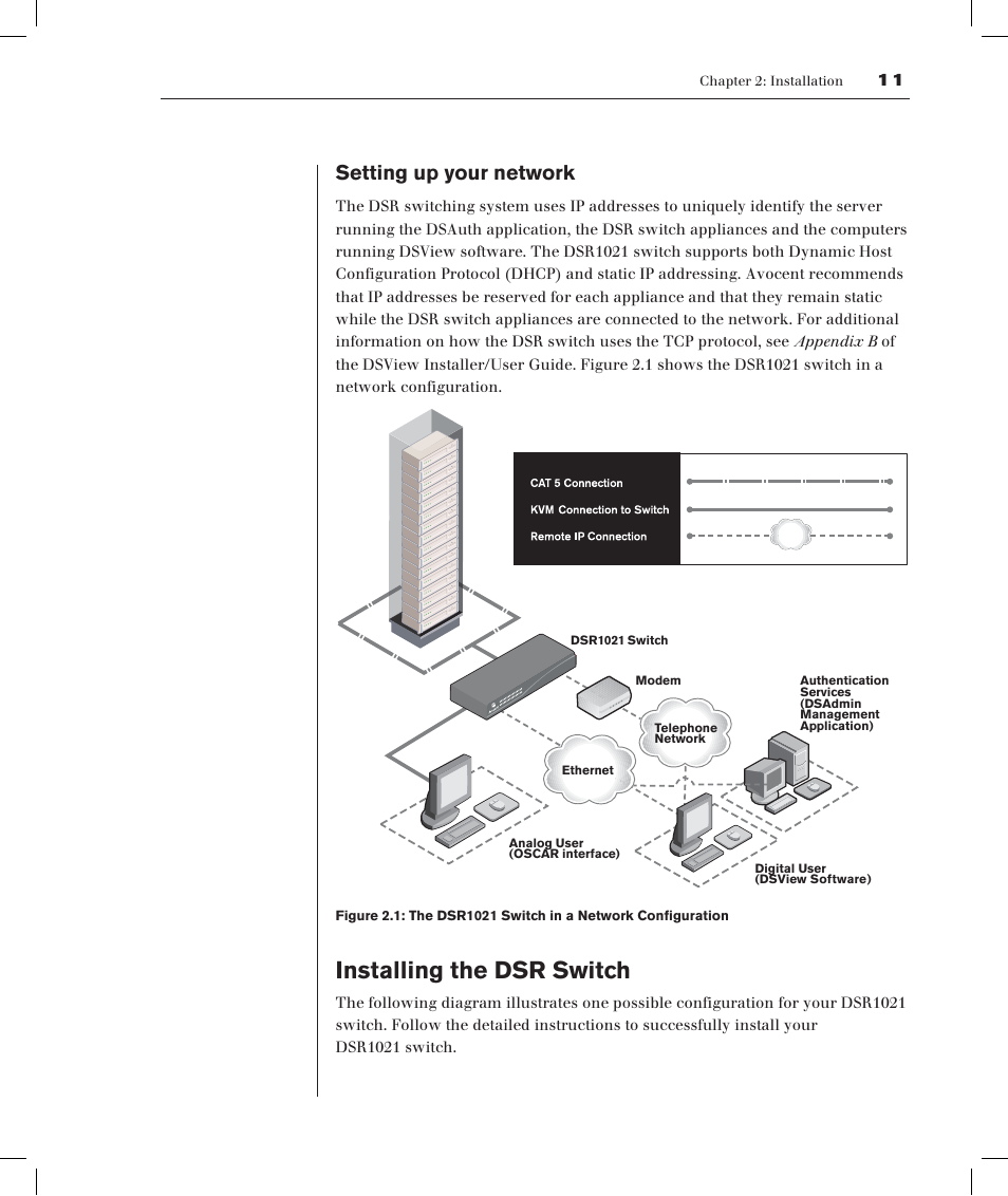 Installing the dsr switch, Setting up your network | Avocent DSRTM 1021 User Manual | Page 15 / 79