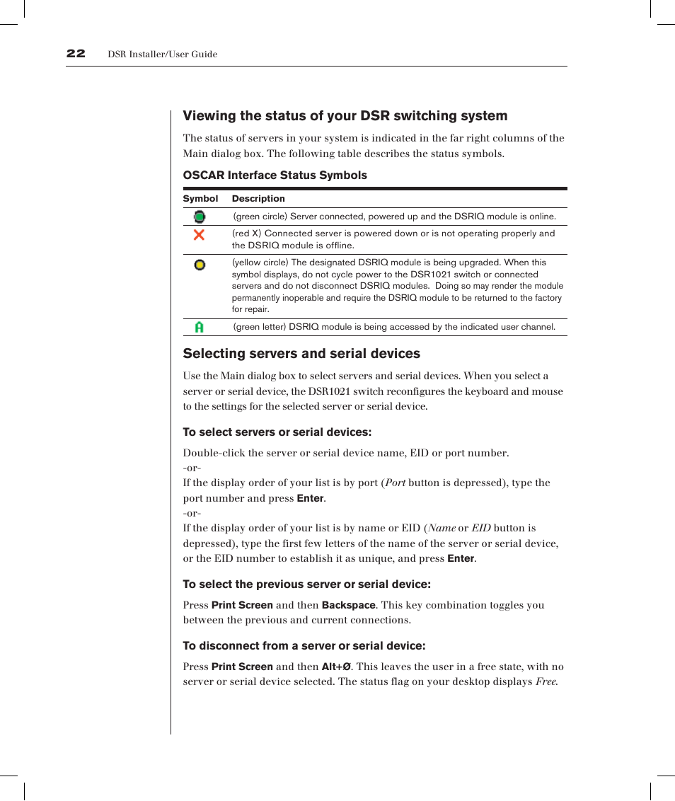 Viewing the status of your dsr switching system, Selecting servers and serial devices | Avocent DSRTM 1021 User Manual | Page 25 / 79