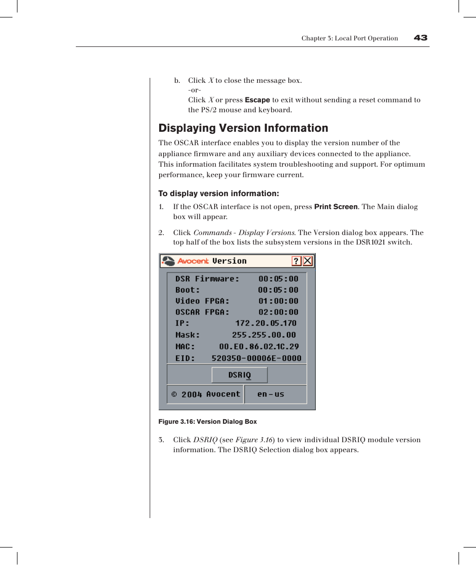 Displaying version information | Avocent DSRTM 1021 User Manual | Page 46 / 79