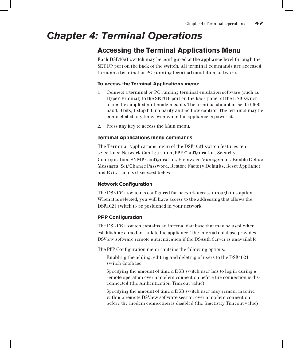 Chapter 4: terminal operations, Accessing the terminal applications menu | Avocent DSRTM 1021 User Manual | Page 49 / 79