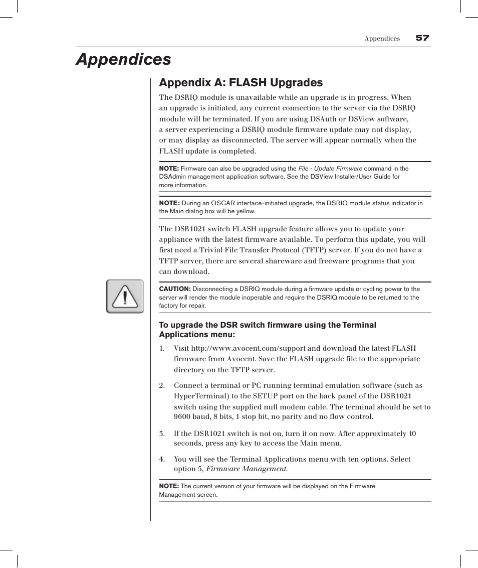 Appendices, Appendix a: flash upgrades | Avocent DSRTM 1021 User Manual | Page 58 / 79