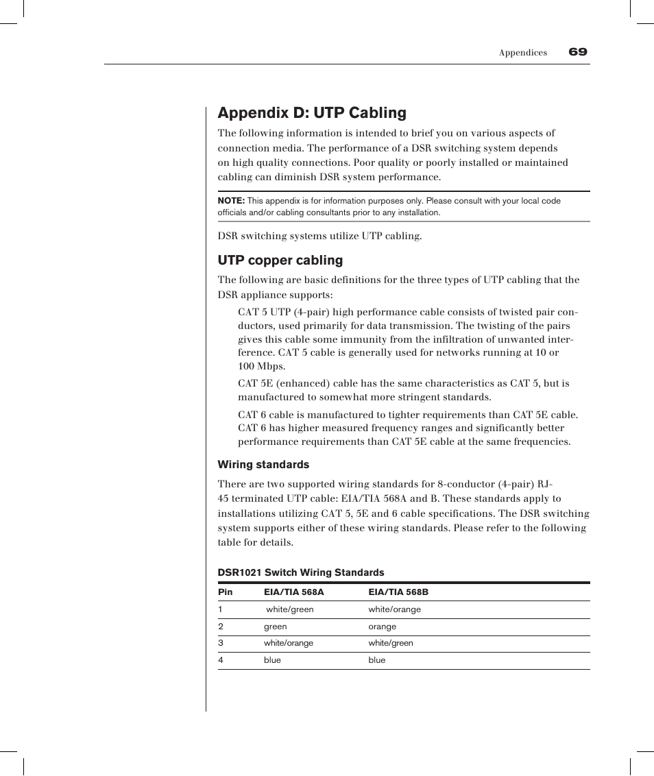 Appendix d: utp cabling, Utp copper cabling | Avocent DSRTM 1021 User Manual | Page 70 / 79