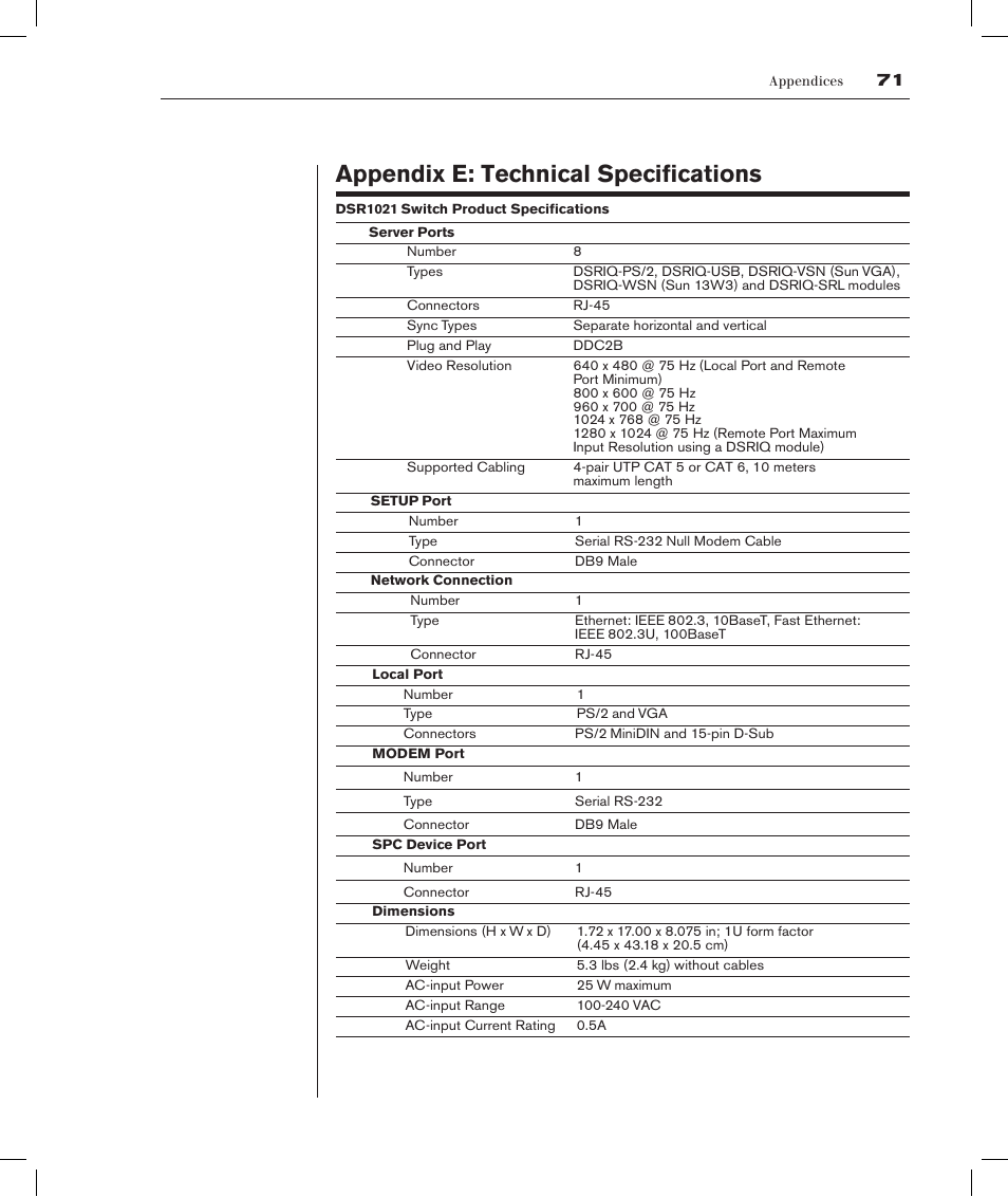 Appendix e: technical specifications | Avocent DSRTM 1021 User Manual | Page 72 / 79