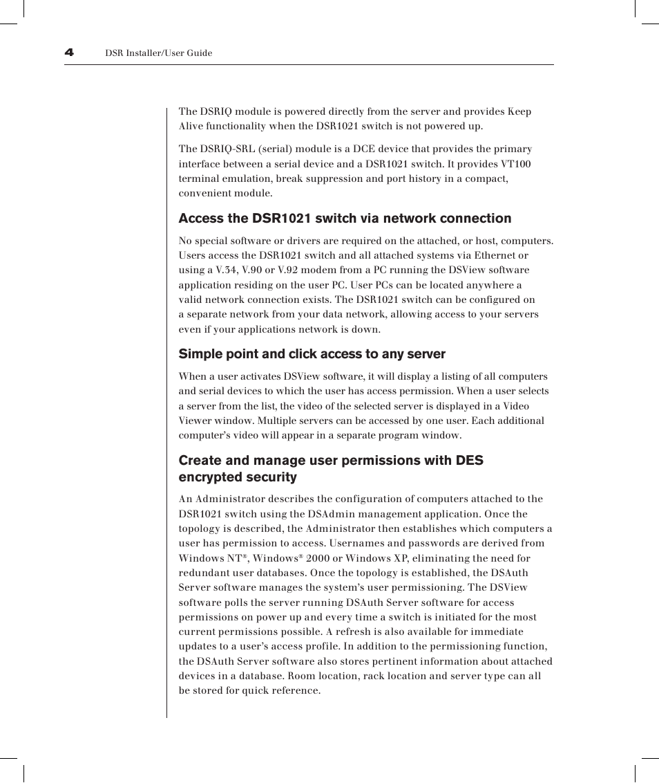 Access the dsr1021 switch via network connection, Simple point and click access to any server | Avocent DSRTM 1021 User Manual | Page 9 / 79