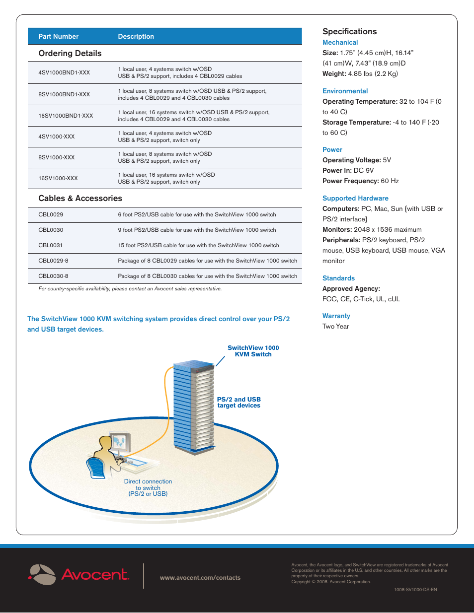 Specifi cations, Ordering details, Cables & accessories | Avocent 1000 Series User Manual | Page 2 / 2