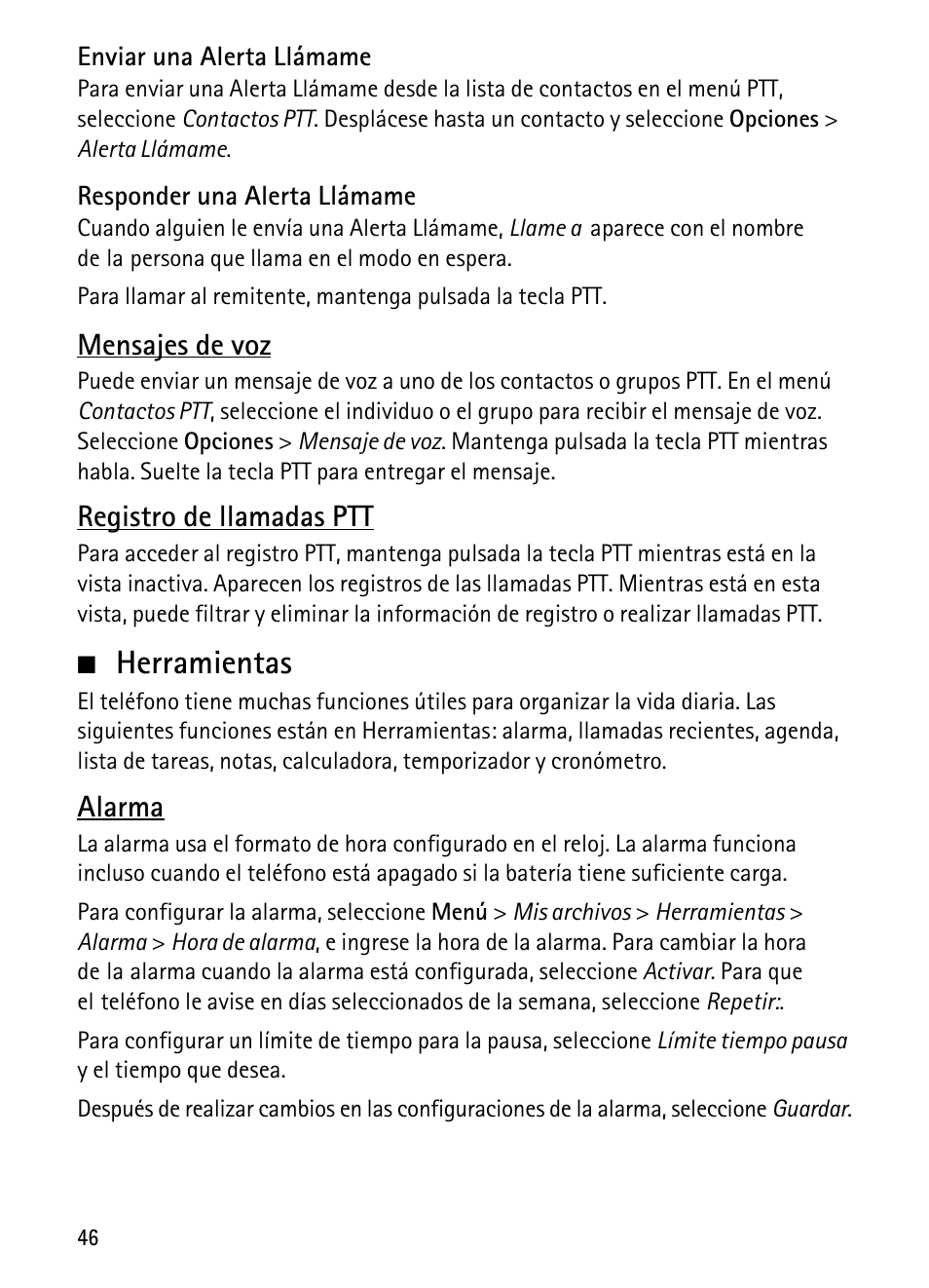 Enviar una alerta llámame, Responder una alerta llámame, Mensajes de voz | Registro de llamadas ptt, Herramientas, Alarma | Nokia 6750 User Manual | Page 112 / 139