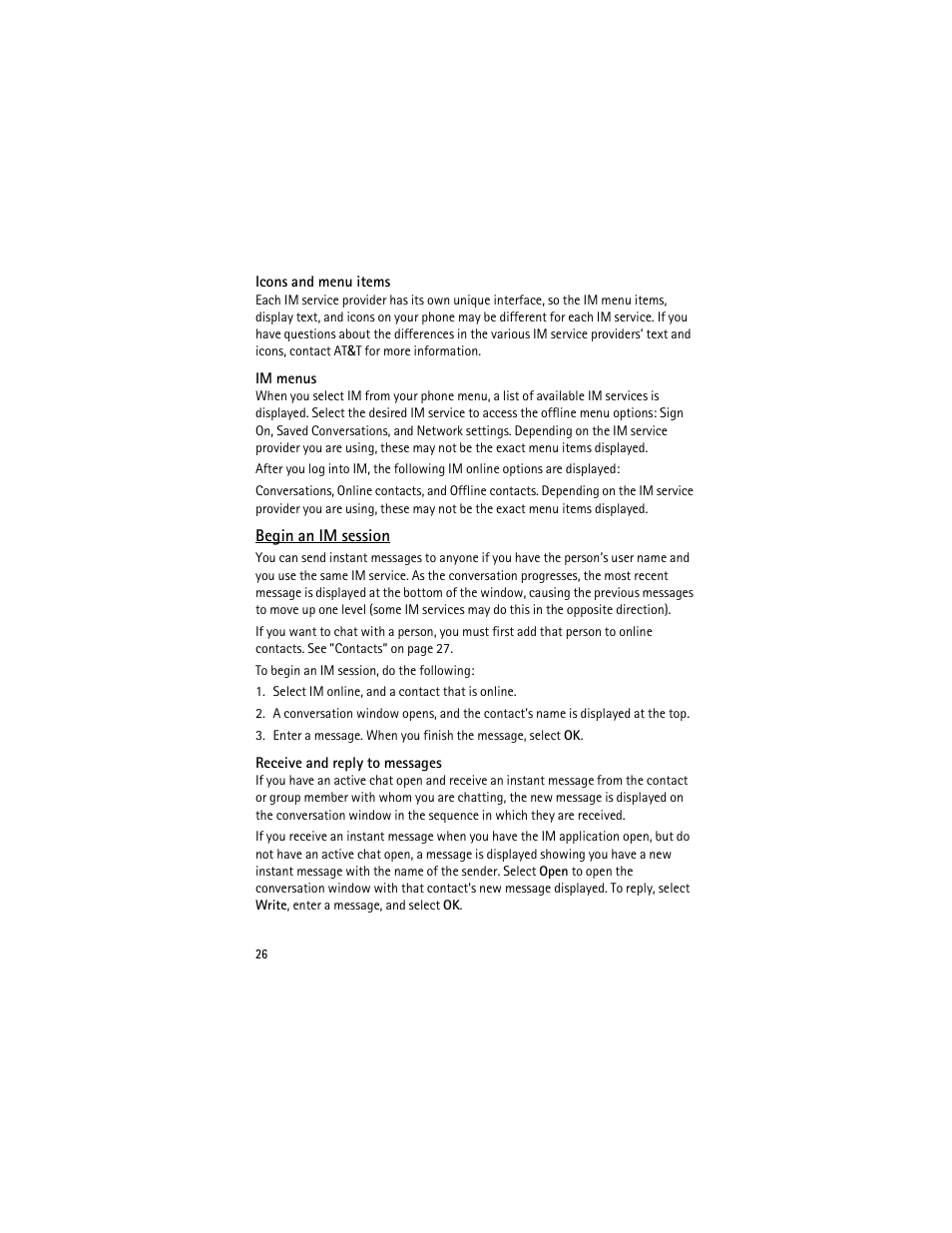 Icons and menu items, Im menus, Begin an im session | Receive and reply to messages | Nokia 6750 User Manual | Page 26 / 139