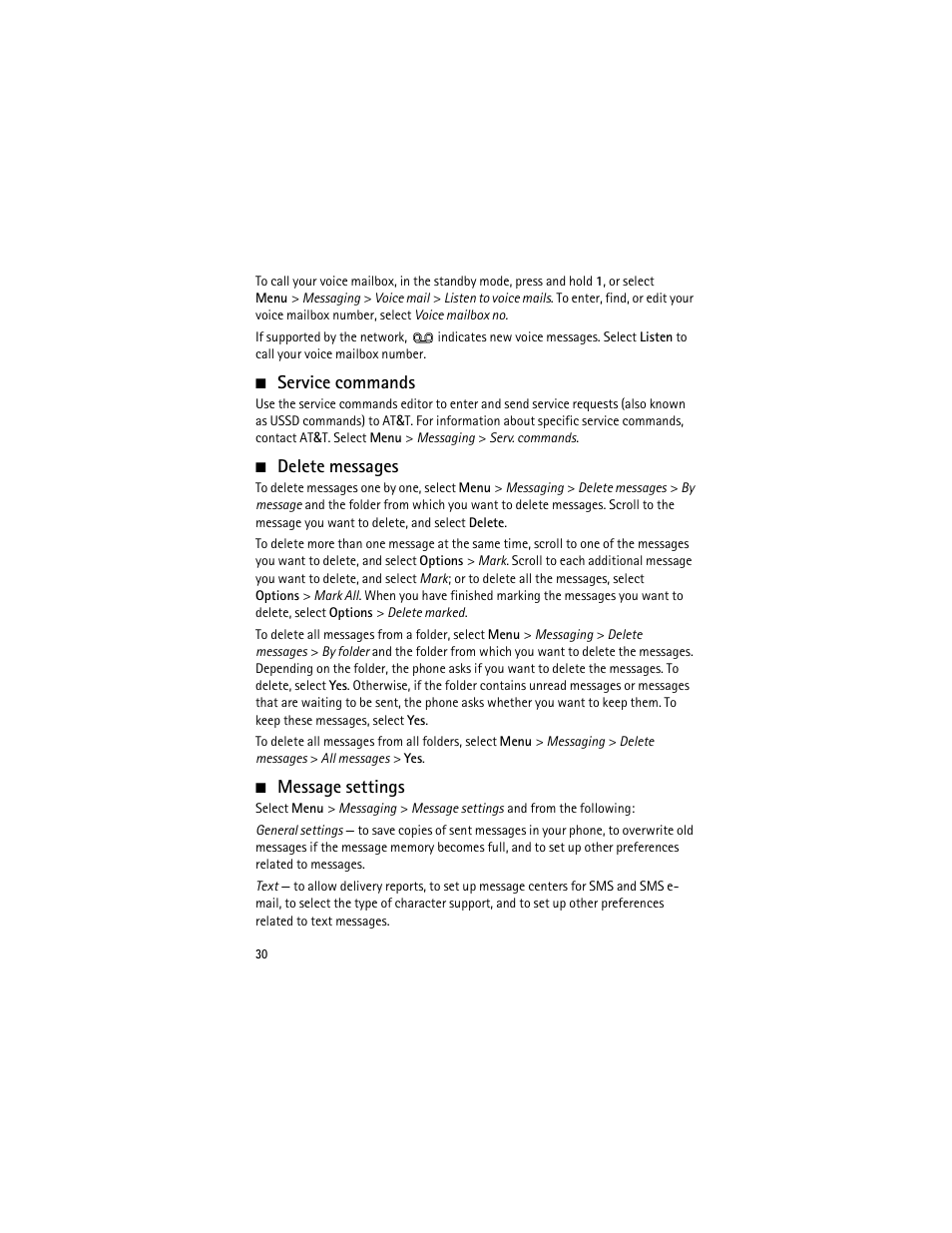 Service commands, Delete messages, Message settings | Nokia 6750 User Manual | Page 30 / 139