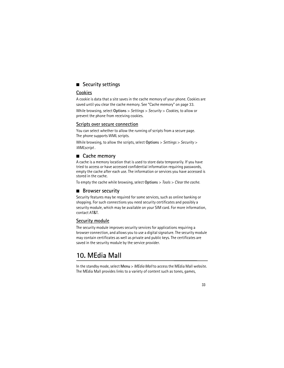 Security settings, Cookies, Scripts over secure connection | Cache memory, Browser security, Security module, Media mall | Nokia 6750 User Manual | Page 33 / 139