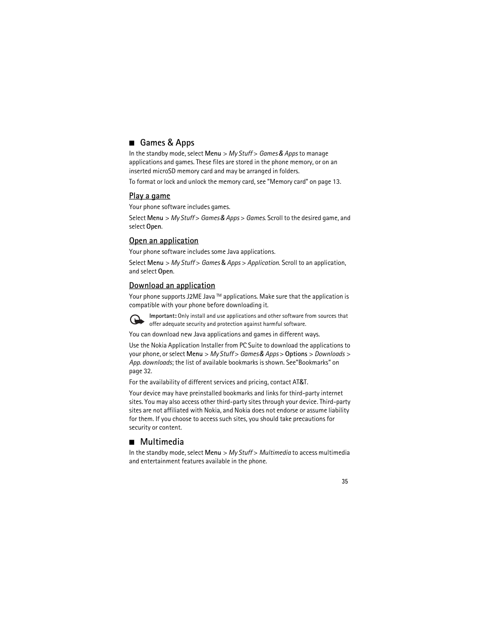Games & apps, Play a game, Open an application | Download an application, Multimedia | Nokia 6750 User Manual | Page 35 / 139