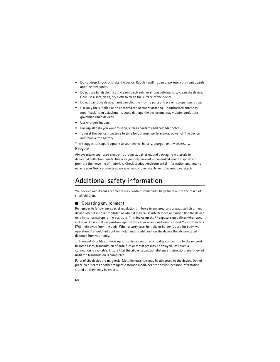 Additional safety information, Recycle, Operating environment | Nokia 6750 User Manual | Page 60 / 139