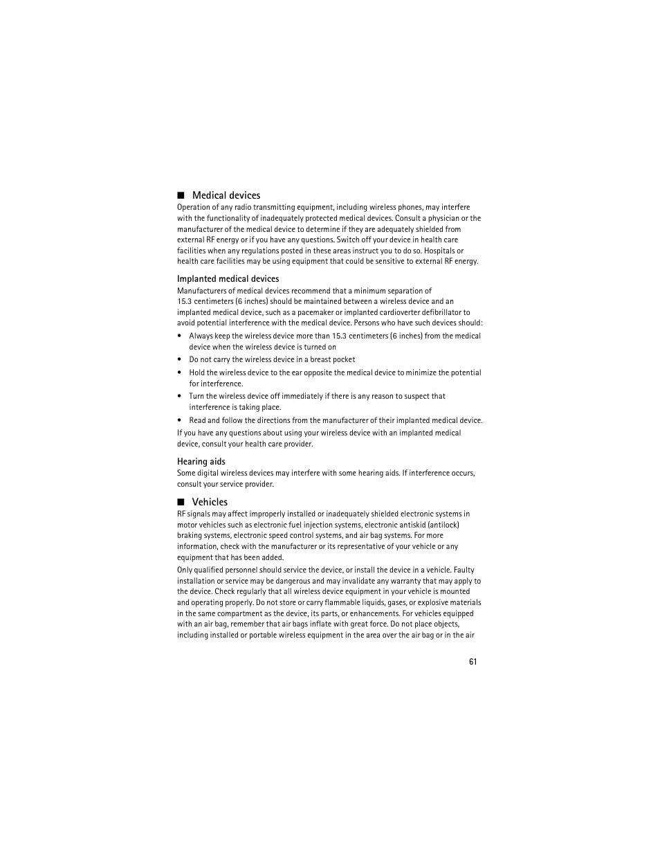 Medical devices, Vehicles | Nokia 6750 User Manual | Page 61 / 139