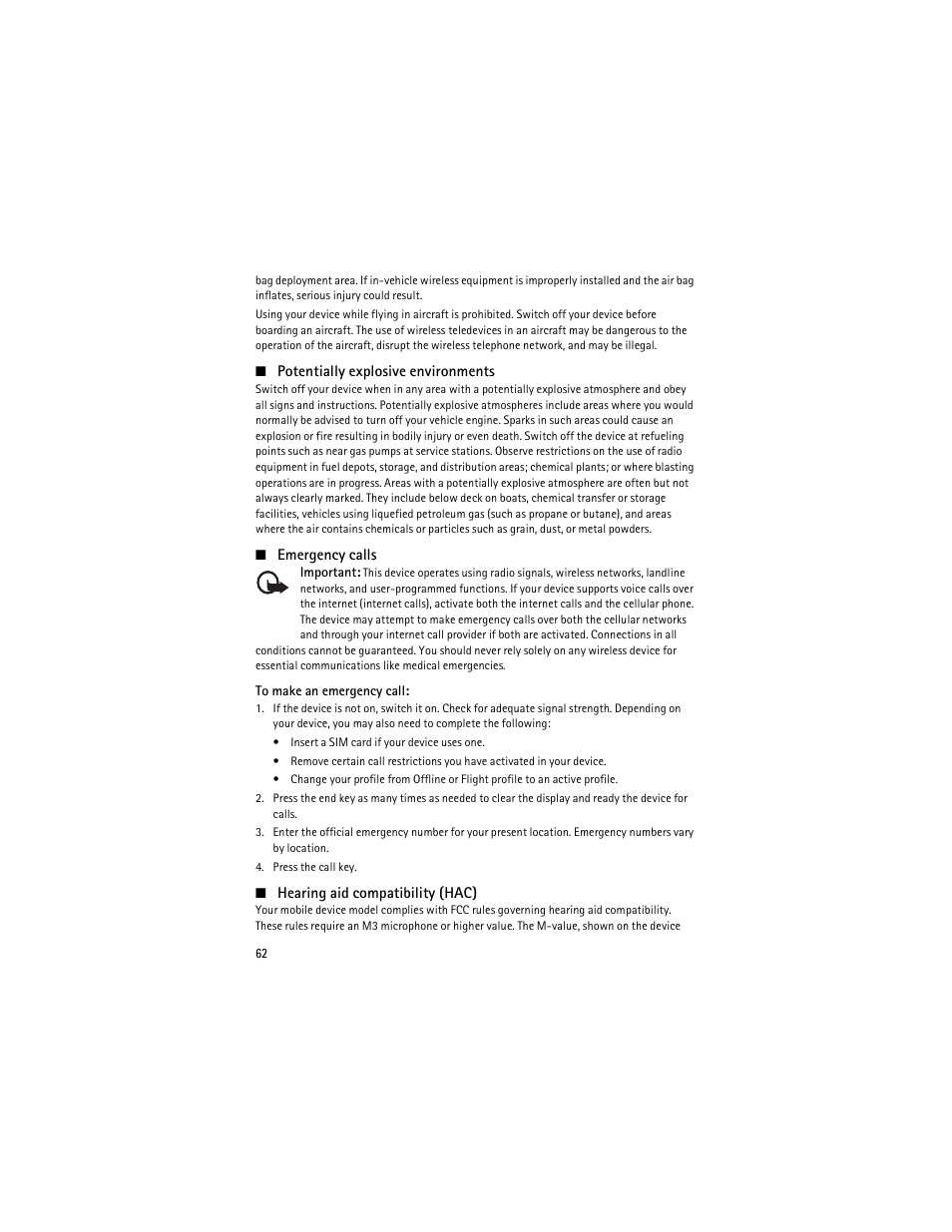 Potentially explosive environments, Emergency calls, Hearing aid compatibility (hac) | Nokia 6750 User Manual | Page 62 / 139