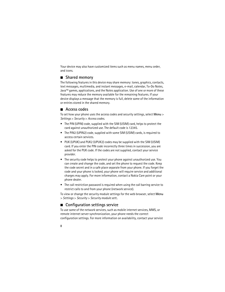 Shared memory, Access codes, Configuration settings service | Nokia 6750 User Manual | Page 8 / 139