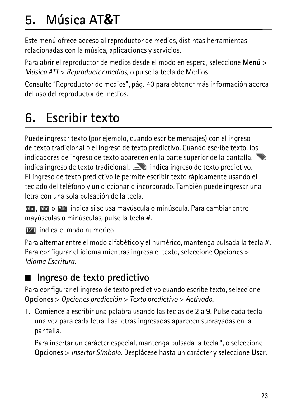 Música at&t, Escribir texto, Ingreso de texto predictivo | Música at | Nokia 6750 User Manual | Page 89 / 139