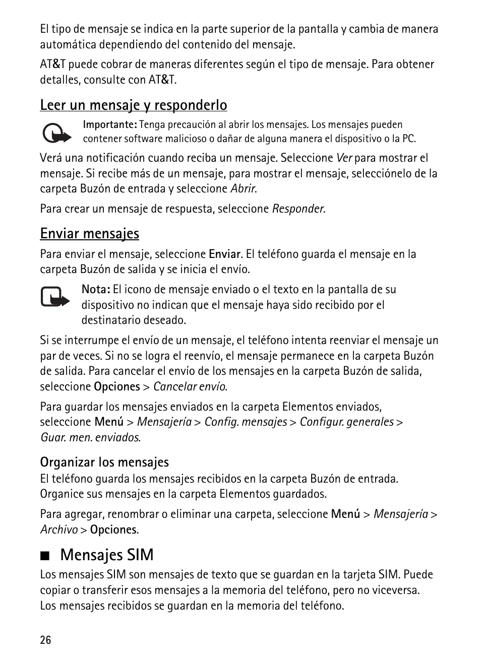 Leer un mensaje y responderlo, Enviar mensajes, Organizar los mensajes | Mensajes sim | Nokia 6750 User Manual | Page 92 / 139