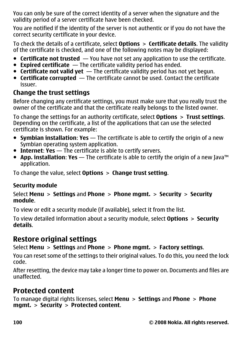 Security module, Restore original settings, Protected content | Nokia 5800 User Manual | Page 100 / 243