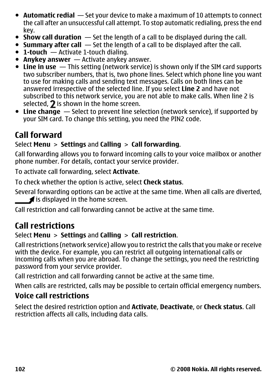 Call forward, Call restrictions | Nokia 5800 User Manual | Page 102 / 243