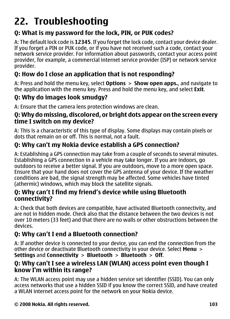 Troubleshooting | Nokia 5800 User Manual | Page 103 / 243