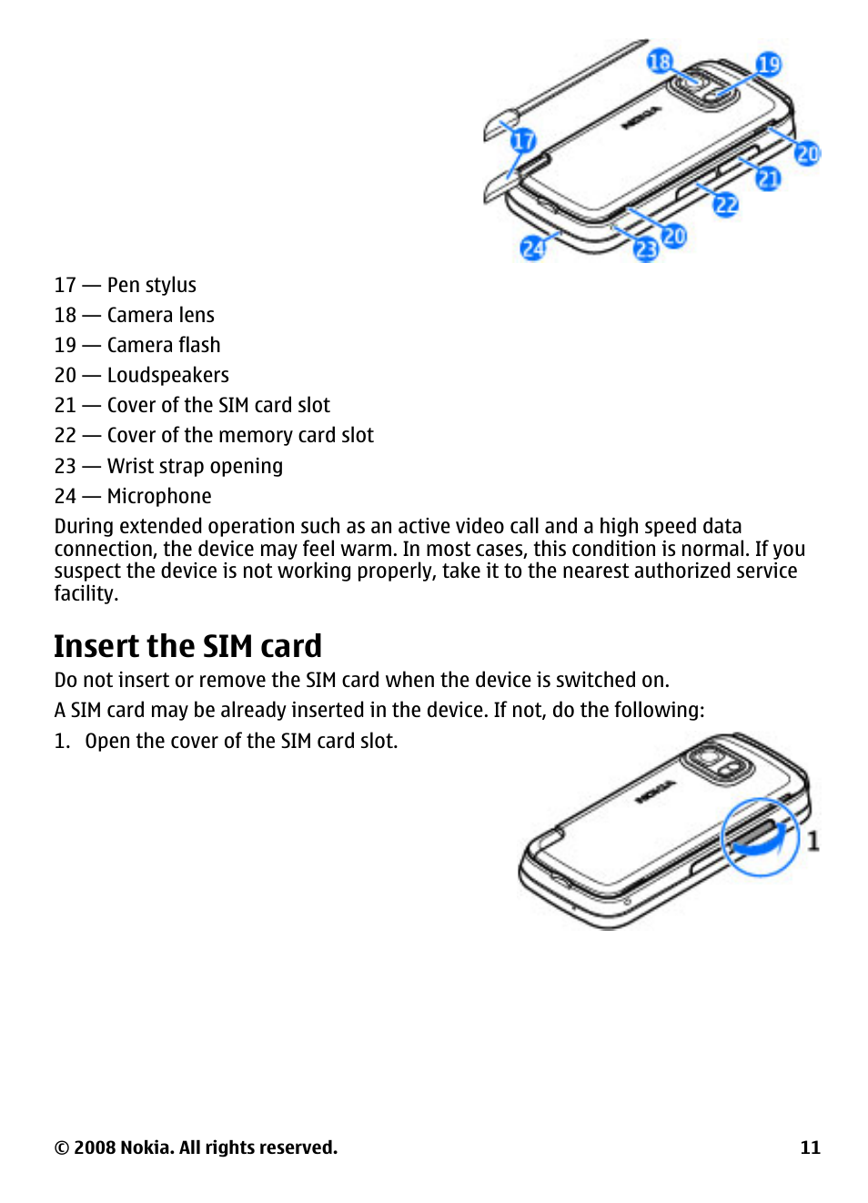 Insert the sim card | Nokia 5800 User Manual | Page 11 / 243