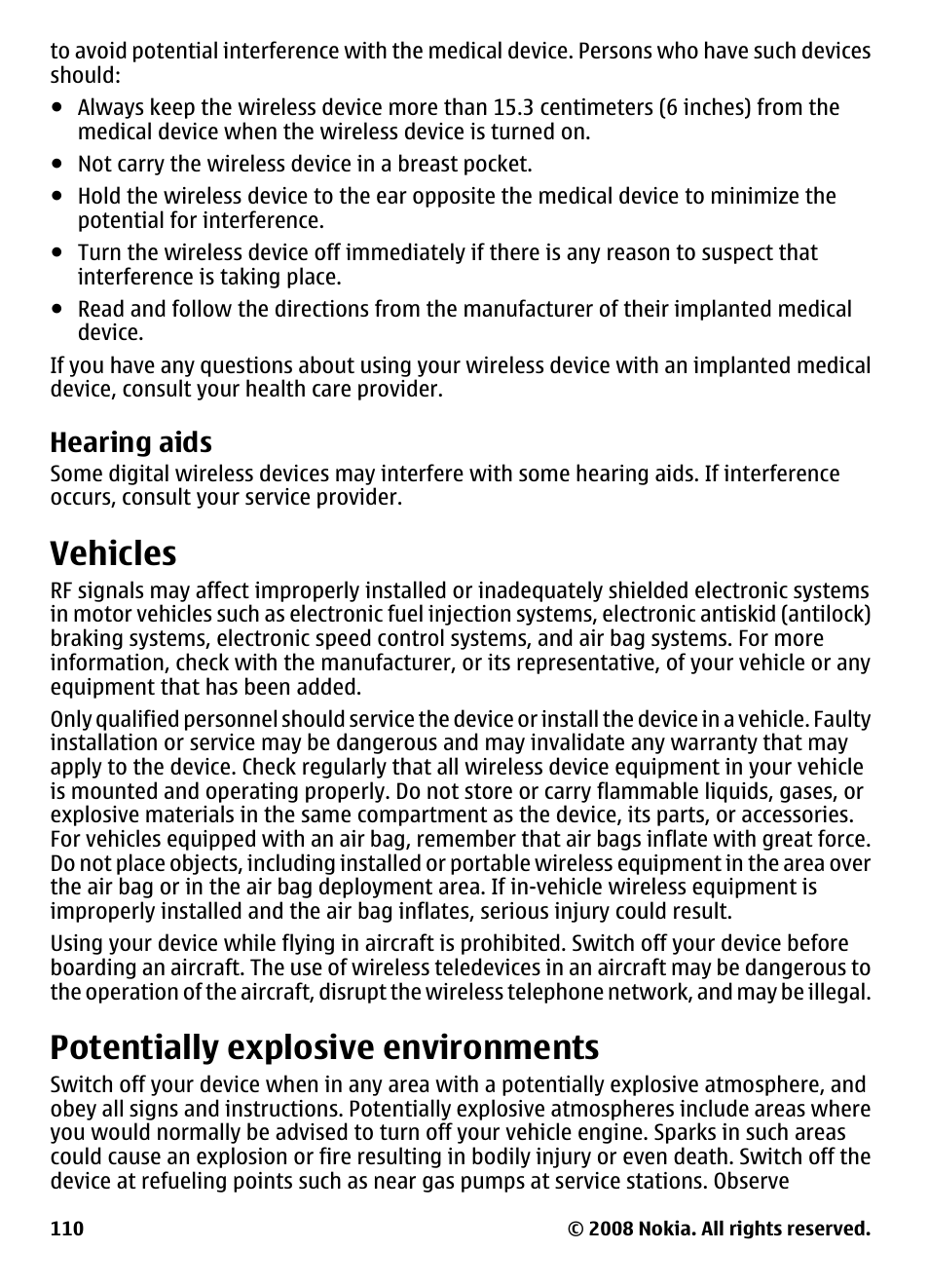 Hearing aids, Vehicles, Potentially explosive environments | Potentially explosive, Environments | Nokia 5800 User Manual | Page 110 / 243