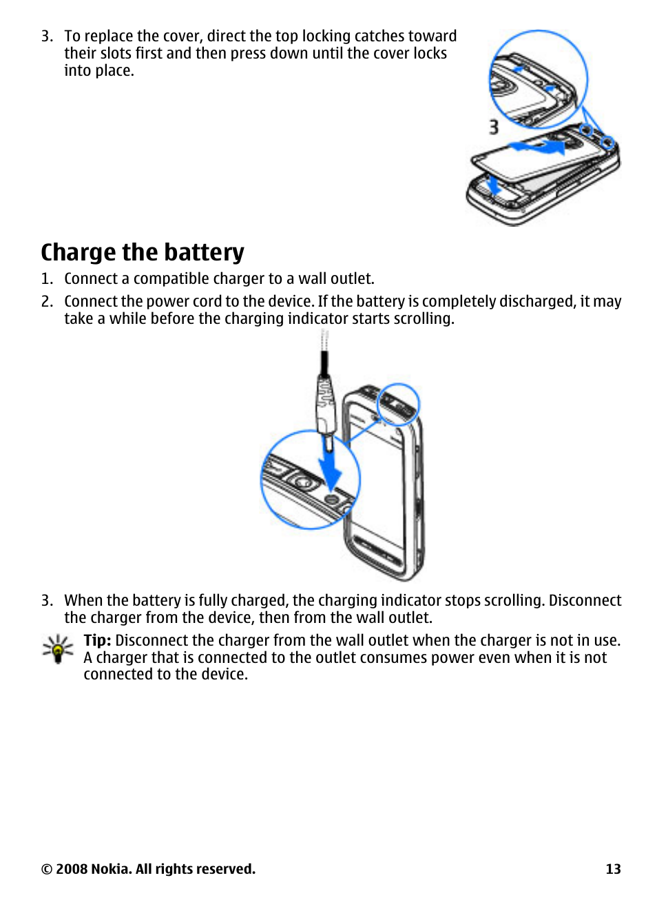 Charge the battery | Nokia 5800 User Manual | Page 13 / 243