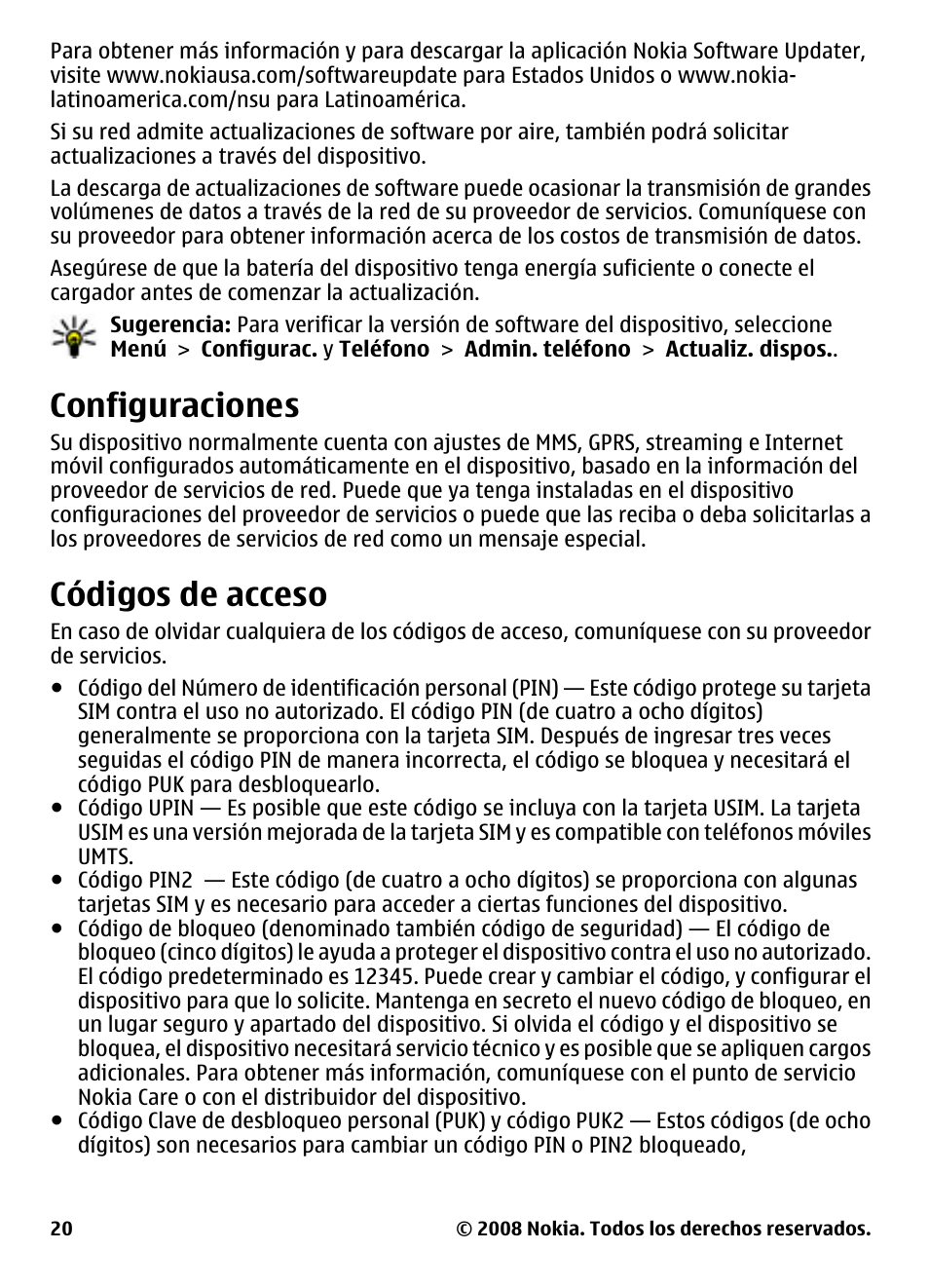 Configuraciones, Códigos de acceso | Nokia 5800 User Manual | Page 137 / 243