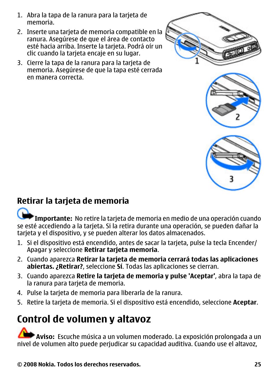 Retirar la tarjeta de memoria, Control de volumen y altavoz | Nokia 5800 User Manual | Page 142 / 243