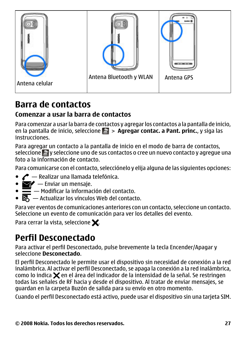 Barra de contactos, Perfil desconectado | Nokia 5800 User Manual | Page 144 / 243