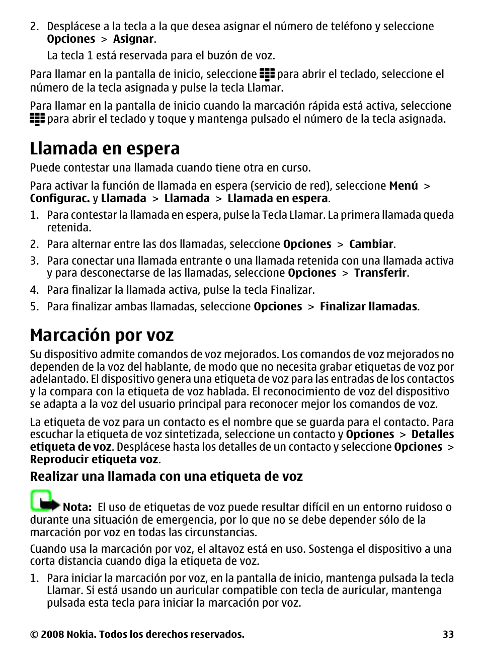 Llamada en espera, Marcación por voz | Nokia 5800 User Manual | Page 150 / 243