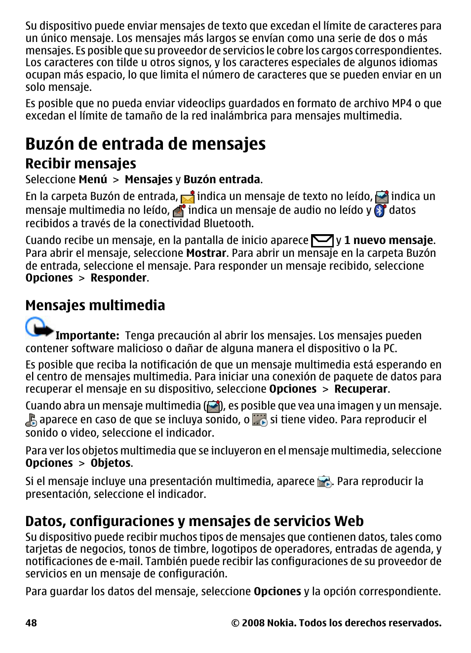 Buzón de entrada de mensajes, Recibir mensajes, Mensajes multimedia | Datos, configuraciones y mensajes de servicios web, Datos, configuraciones y mensajes de, Servicios web | Nokia 5800 User Manual | Page 165 / 243