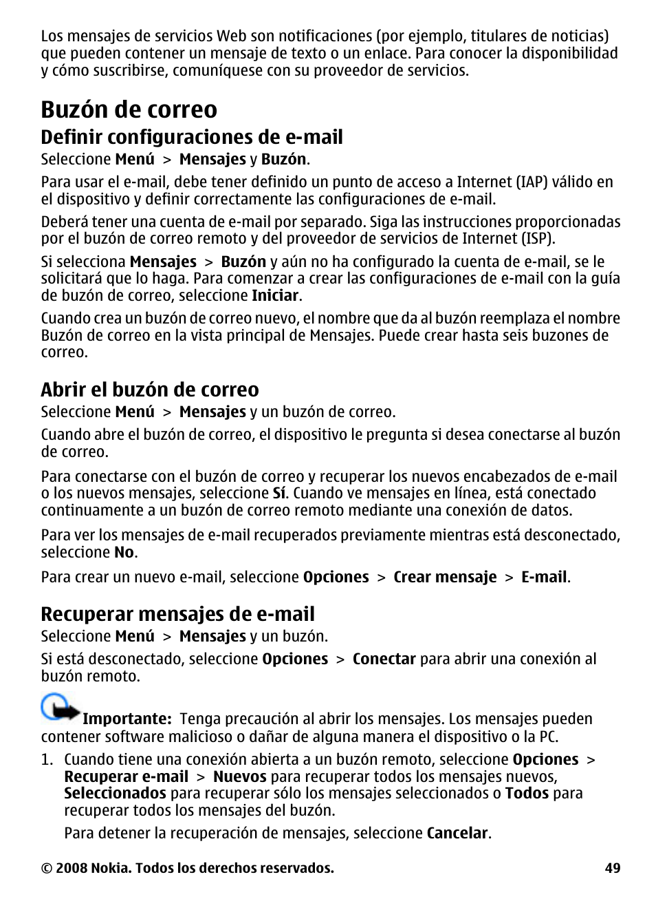 Buzón de correo, Definir configuraciones de e-mail, Abrir el buzón de correo | Recuperar mensajes de e-mail, Definir configuraciones de e, Mail | Nokia 5800 User Manual | Page 166 / 243