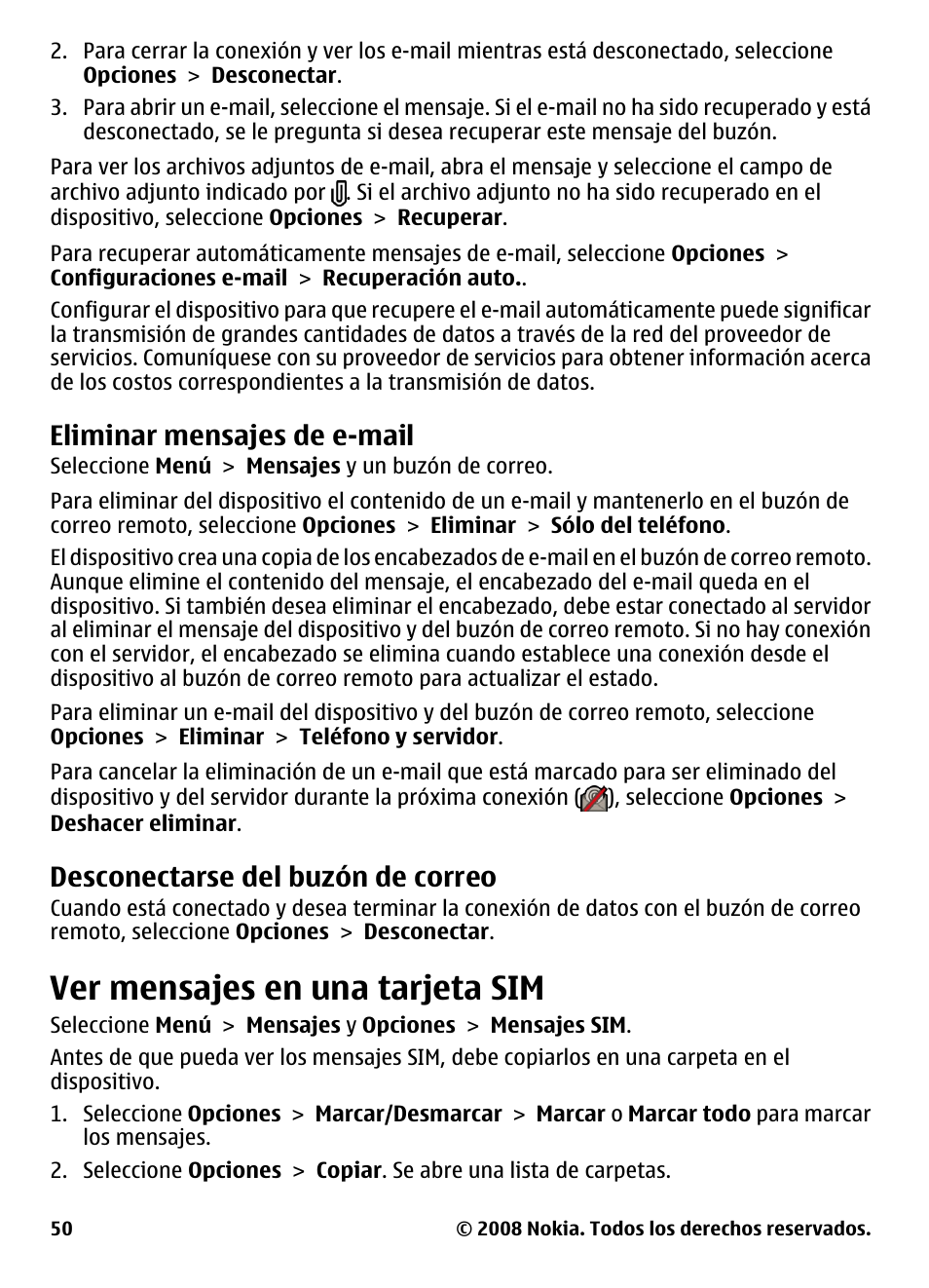 Eliminar mensajes de e-mail, Desconectarse del buzón de correo, Ver mensajes en una tarjeta sim | Desconectarse del buzón de, Correo | Nokia 5800 User Manual | Page 167 / 243