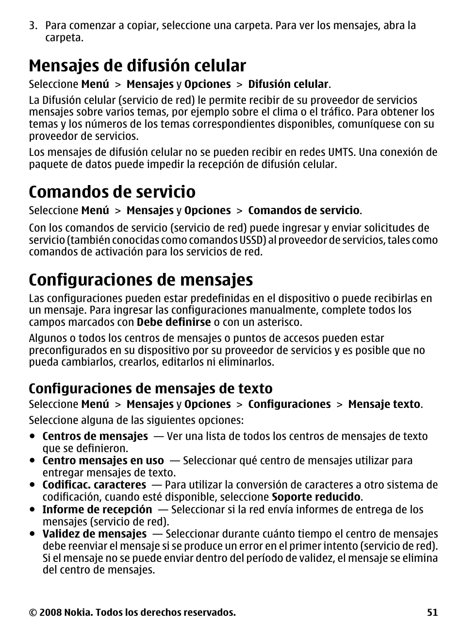 Mensajes de difusión celular, Comandos de servicio, Configuraciones de mensajes | Configuraciones de mensajes de texto, Configuraciones de mensajes de, Texto | Nokia 5800 User Manual | Page 168 / 243