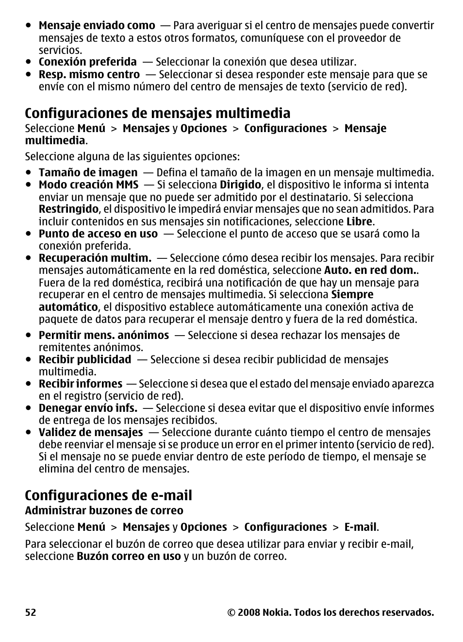 Configuraciones de mensajes multimedia, Configuraciones de e-mail, Administrar buzones de correo | Configuraciones de mensajes, Multimedia, Administrar buzones de, Correo | Nokia 5800 User Manual | Page 169 / 243