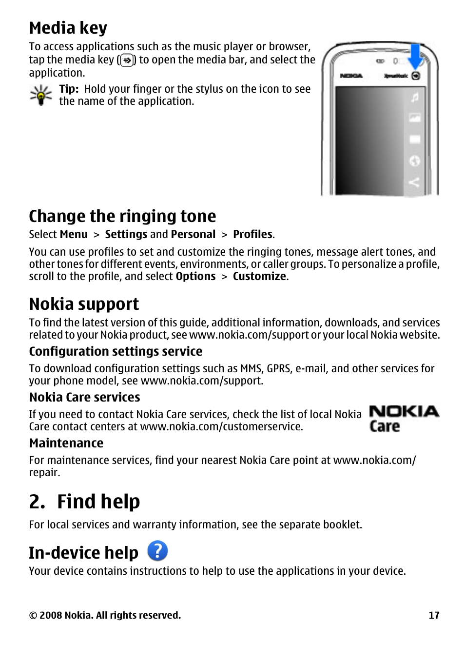 Media key, Change the ringing tone, Nokia support | Find help, In-device help | Nokia 5800 User Manual | Page 17 / 243