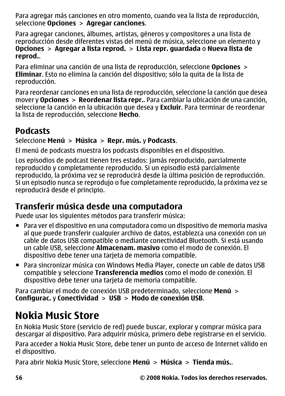 Podcasts, Transferir música desde una computadora, Nokia music store | Transferir música desde una, Computadora | Nokia 5800 User Manual | Page 173 / 243