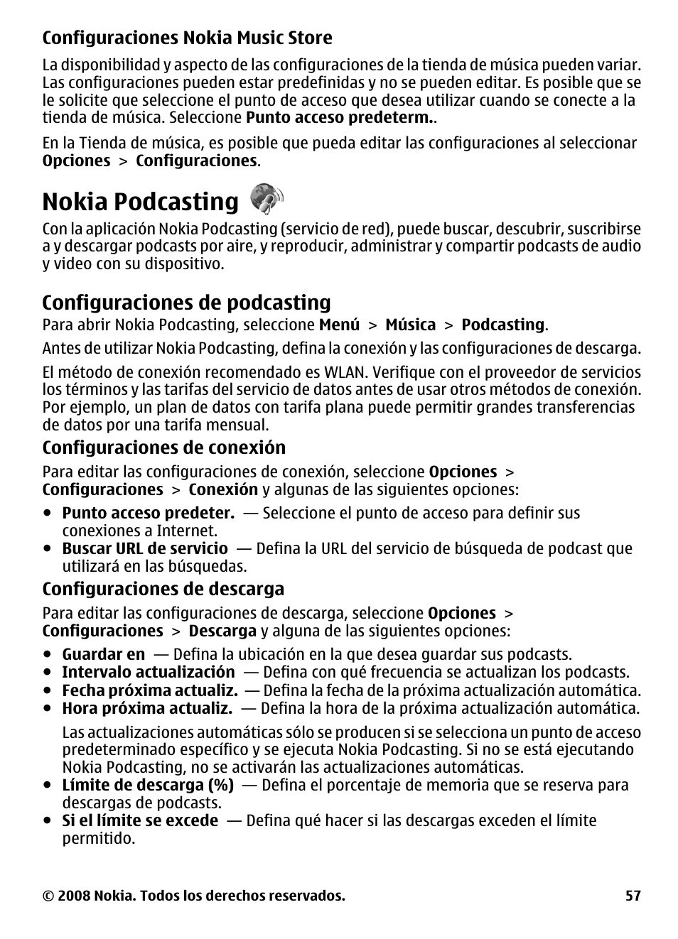 Nokia podcasting, Configuraciones de podcasting | Nokia 5800 User Manual | Page 174 / 243