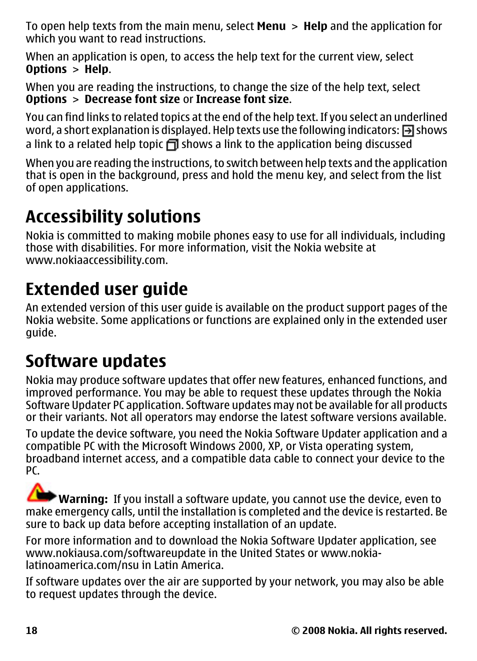 Accessibility solutions, Extended user guide, Software updates | Nokia 5800 User Manual | Page 18 / 243