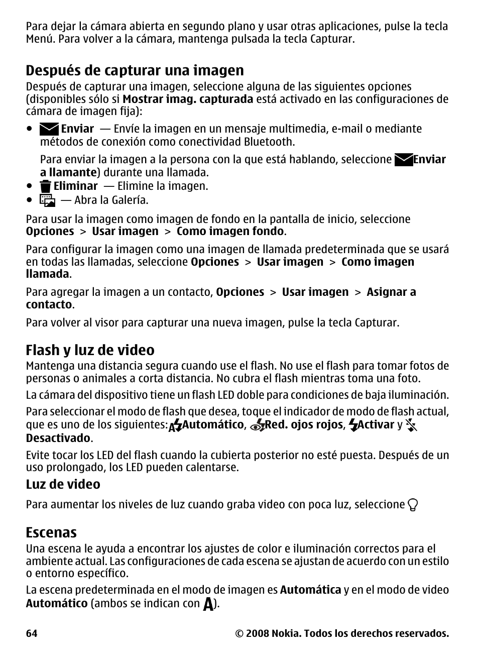 Después de capturar una imagen, Flash y luz de video, Escenas | Después de capturar una, Imagen | Nokia 5800 User Manual | Page 181 / 243