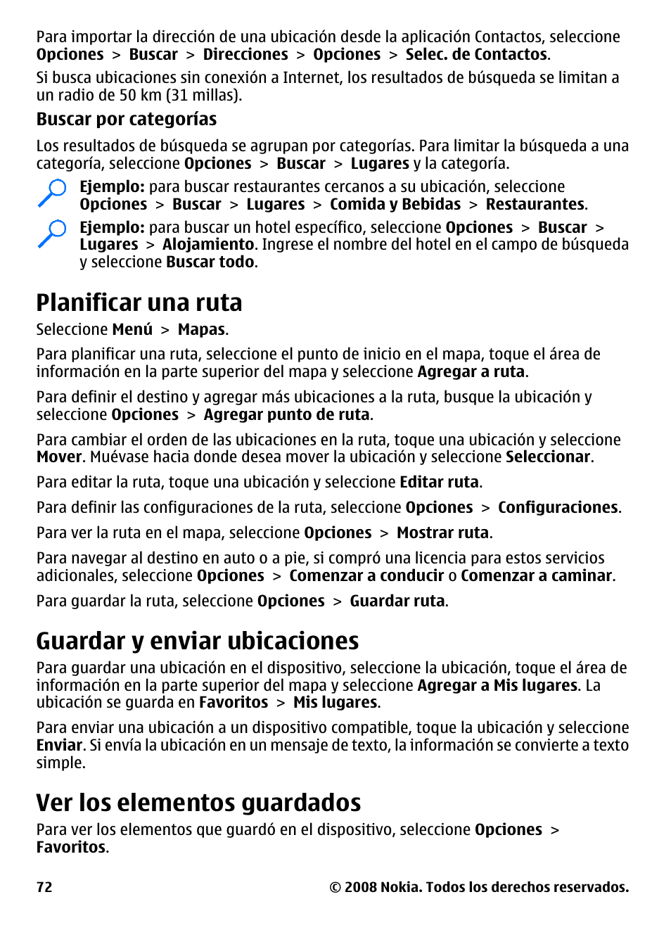 Planificar una ruta, Guardar y enviar ubicaciones, Ver los elementos guardados | Nokia 5800 User Manual | Page 189 / 243