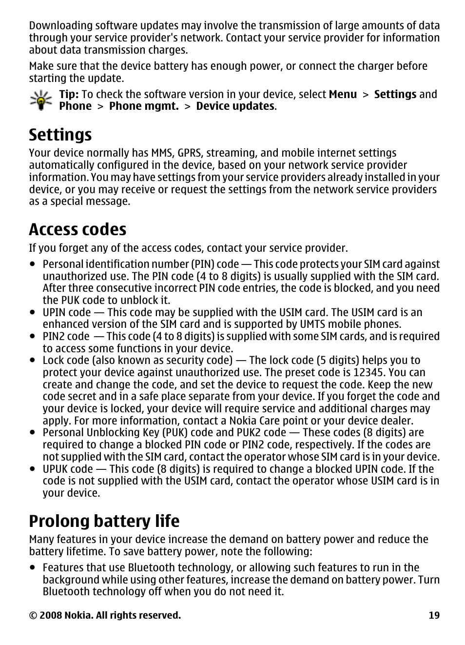 Settings, Access codes, Prolong battery life | Nokia 5800 User Manual | Page 19 / 243