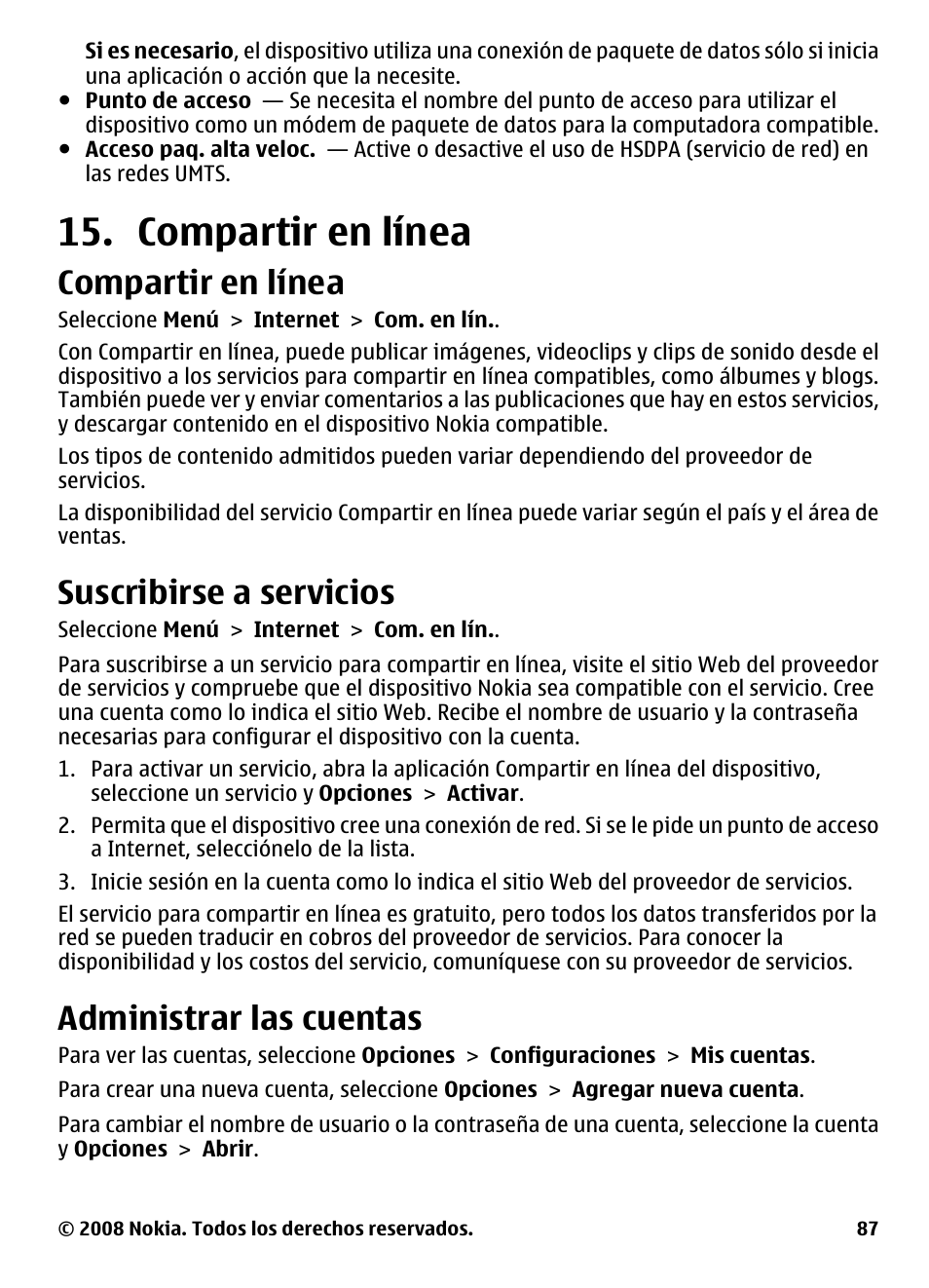 Compartir en línea, Suscribirse a servicios, Administrar las cuentas | Nokia 5800 User Manual | Page 204 / 243