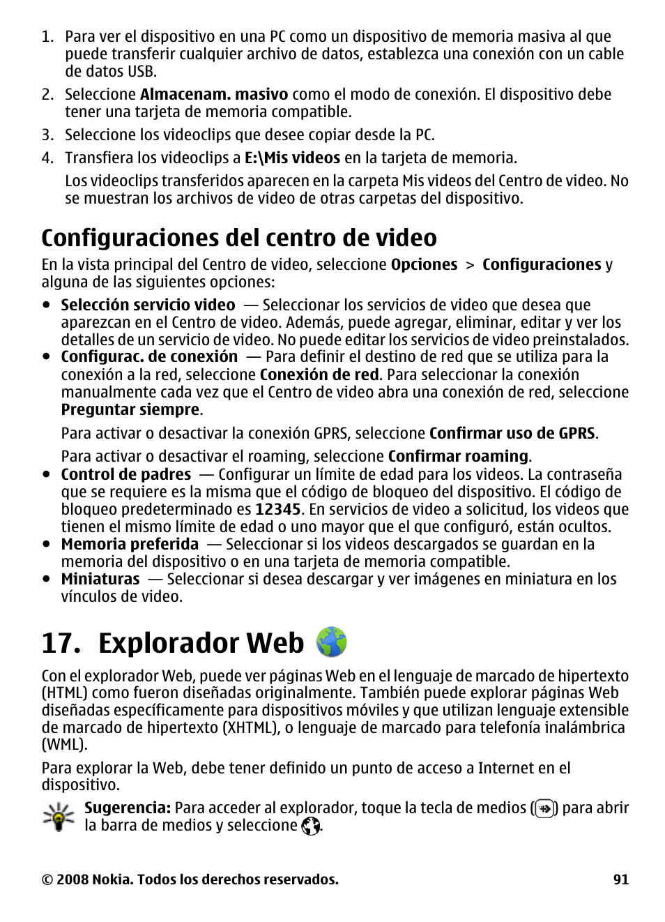 Configuraciones del centro de video, Explorador web, Configuraciones del centro de | Video | Nokia 5800 User Manual | Page 208 / 243