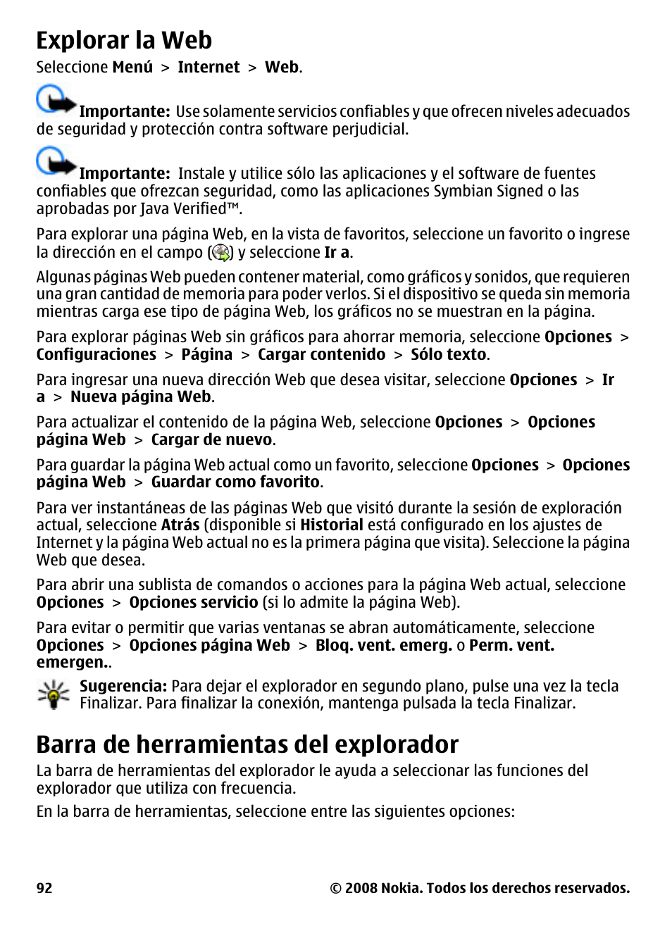 Explorar la web, Barra de herramientas del explorador, Barra de herramientas del | Explorador | Nokia 5800 User Manual | Page 209 / 243