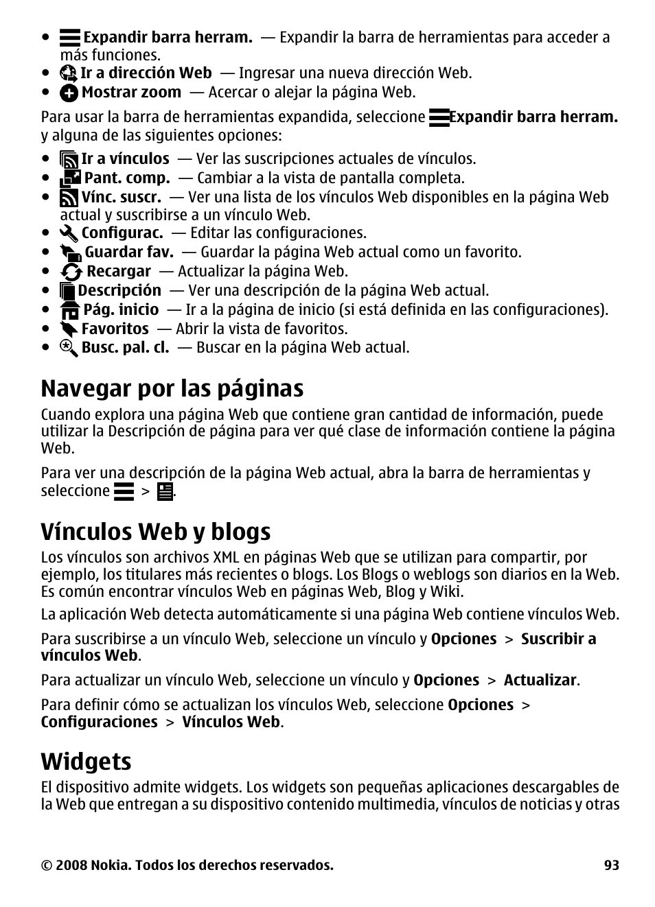 Vínculos web y blogs, Widgets, Navegar por las páginas | Nokia 5800 User Manual | Page 210 / 243