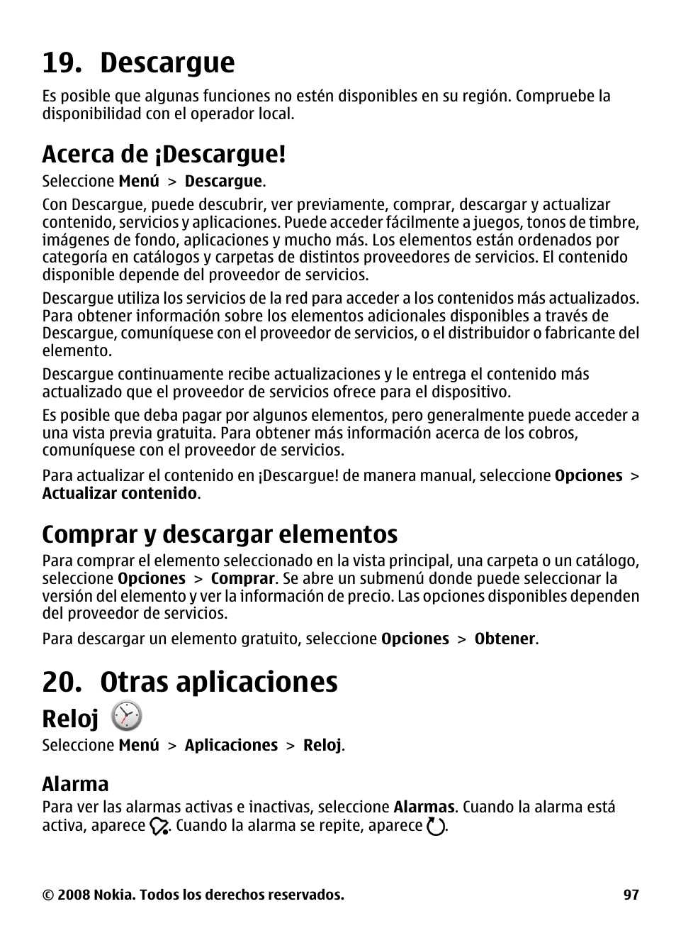 Descargue, Acerca de ¡descargue, Comprar y descargar elementos | Otras aplicaciones, Reloj, Alarma | Nokia 5800 User Manual | Page 214 / 243